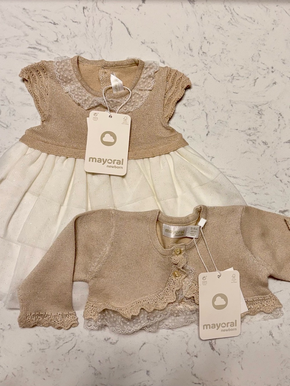 ✨NWT- Mayoral Sparkled Beige & Cream Knit Tulle Dress Set- 2-4M